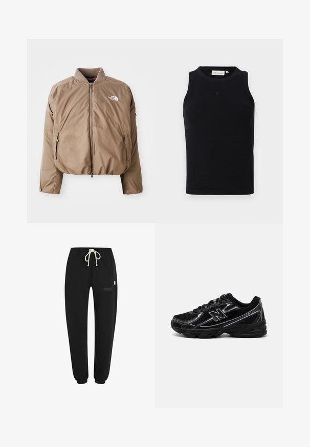 Braune isolierte Bomberjacke mit geripptem Kragen, Frontreißverschluss und Seitentaschen; mit dem weißen Logo auf der linken Brust.; Schwarzes, ärmelloses Tanktop aus geripptem Stoff, mit rundem Halsausschnitt und kleinem Logo auf der Vorderseite. Einfaches, figurschmeichelndes Design.; Schwarze Jogginghose aus weichem Stoff, mit einem elastischen Bund und Kordelzug, elastischen Bündchen und einem kleinen gestickten Logodetail.; Schwarzer Sportschuh mit Mesh-Obermaterial, silbernen Akzenten, gepolsterter Sohle und Schnürverschluss. Merkmale sind eine abgerundete Zehe und ein strukturiertes Profil.