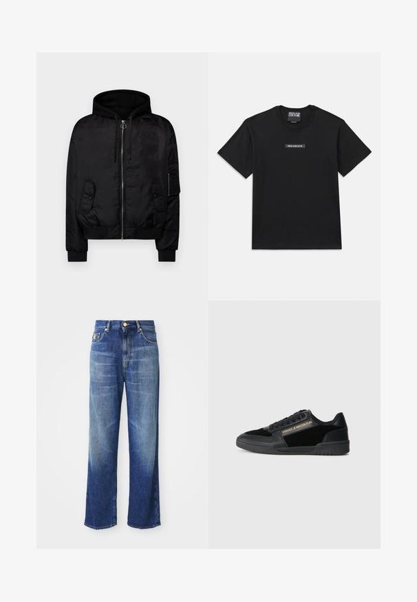 Must musta jope kapuutsi, lukuga, kahe esikotiga, ribidega mansettide ja hemiga, sileda nailonkangaga ja peene läikega.; Mustvalge lühikeste varrukatega T-särk, mis on valmistatud puuvillast. Rinnas on ristkülikukujuline logo silt, millel on valge tekst "VERSACE JEANS COUTURE".; Kõrge vöökoht ja sirge jalgadega sinised denim teksad kerge tuhmumisega ning kuldse nööbiga, esitledes valgel taustal.; Mustad mustad, mis on valmistatud siledast nahast ja suitsutatud aktsentidega. Omab madalat disaini, paelu ja kuldset logo detaili külgedel.