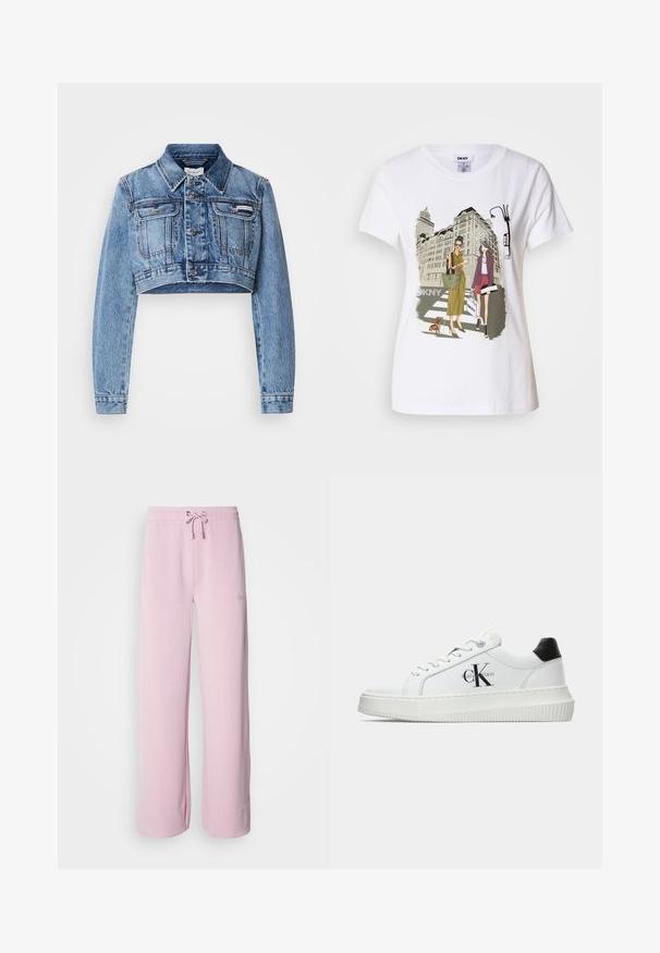 Chaqueta de mezclilla recortada de color azul claro con botones en el frente, dos bolsillos en el pecho y un cuello clásico. Presenta un ligero desvanecimiento y detalles de costura.; Camiseta de algodón blanca con una ilustración impresa de dos mujeres con estilos de moda urbana, un perro en un paso de peatones y edificios de la ciudad.; Pantalones de chándal rosa claro con cintura ajustable, piernas anchas y dobladillo doblado. Cuenta con un pequeño logotipo bordado en el lado. Textura de tela suave.; Zapatilla baja blanca con talón negro, suela de plataforma, cordones y logotipo "CK" de Calvin Klein en el lado.