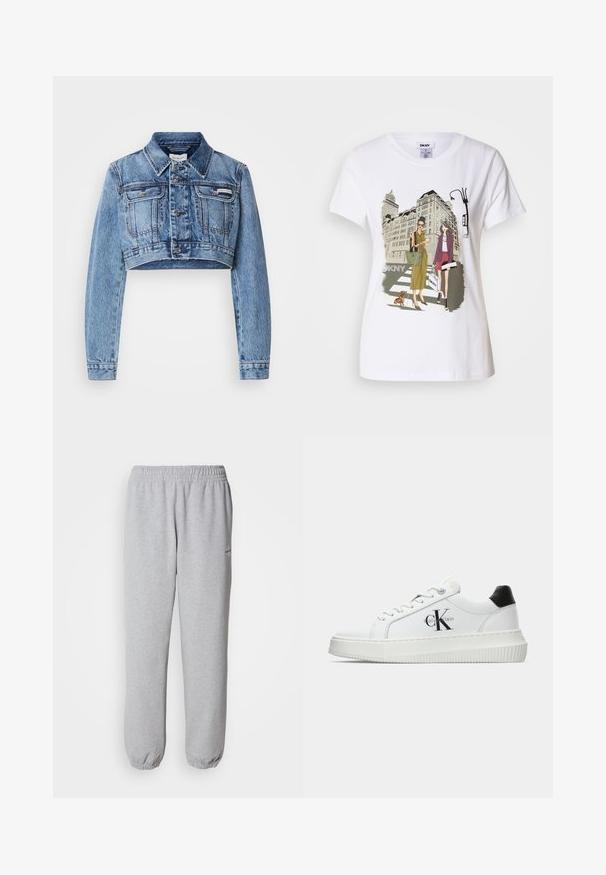 Šviesiai mėlynas sutrumpintas džinsinis švarkas su priekiniais mygtukais, dviem krūtinės kišenėmis ir klasikiniu apykakle. Pasižymi subtiliu nudėvėjimu ir siuvinėjimo detalėmis.; Baltos medvilnės marškinėliai su spausdinta iliustracija, kurioje pavaizduotos dvi moterys urbanistiniais mados stiliais su šunimi perėjimo zonoje ir miesto pastatai.; Pilkos sportinės kelnės, pagamintos iš minkštos, tekstūruotos medžiagos. Elastinga juosmens juosta ir rankogaliai, su mažuoju logotipu kairėje pusėje.; Balti žemakulniai bateliai su juodu kulno dangteliu, platformos padu, raišteliais ir Calvin Klein "CK" logotipu šone.