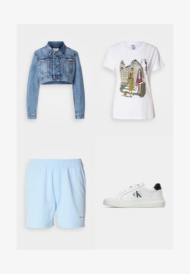Šviesiai mėlynas sutrumpintas džinsinis švarkas su priekiniais mygtukais, dviem krūtinės kišenėmis ir klasikiniu apykakle. Pasižymi subtiliu nudėvėjimu ir siuvinėjimo detalėmis.; Baltos medvilnės marškinėliai su spausdinta iliustracija, kurioje pavaizduotos dvi moterys urbanistiniais mados stiliais su šunimi perėjimo zonoje ir miesto pastatai.; Šviesiai mėlyni šortai su elastinga juosta, su "Calvin Klein" prekių ženklo logo arti apvado, pateikti neutraliame fone.; Balti žemakulniai bateliai su juodu kulno dangteliu, platformos padu, raišteliais ir Calvin Klein "CK" logotipu šone.