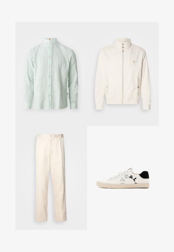 Bela lahka jakna z visokim ovratnikom, sprednjim zadrgo, dvema stranskima žepoma in elastičnimi manšeti. Ima logotip na levem prsnem delu.; Svetlo zeleno laneno srajco dolgega roba z ovratnikom, sprednjim gumbom in subtilno teksturo. Ima oranžen poudarek na ovratniku.; Bež cottone hlače s ravnim krojem, ki imajo gumbasto zapiranje in nabore spredaj za dodatne detajle.; Bela usnjena športna obutev z črnimi poudarki na peti, ki se ponaša z izrazitim črnim napisom na strani in gumijastim podplatom. Minimalistična zasnova.