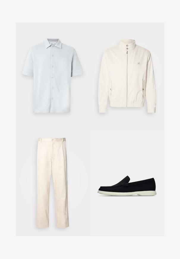 Hvit lett jakke med høy krage, frontlukking med glidelås, to sidelommer og elastiske mansjetter. Har et logo på venstre bryst.; Kortermet skjorte med krage i lyseblått, teksturert stoff med diamantmønster, med knapper foran og rett nederkant.; Beige bomullsbukser med rett benfatt, med knappelukking og folder foran for ekstra detaljer.; Svart slip-on sko med rund tå, med en teksturert overdel, glatt hvit såle, og en subtil merkevaredetalj på siden.