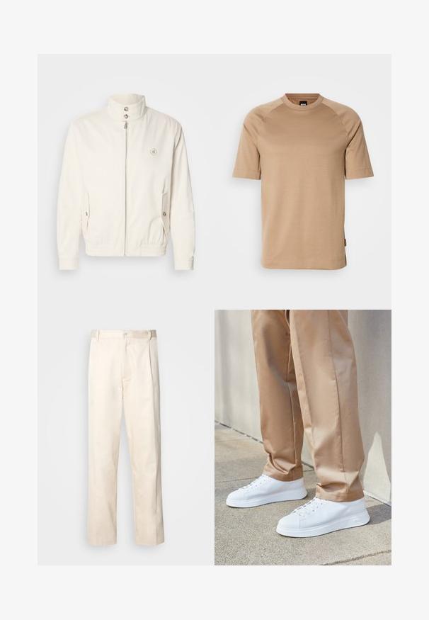 Biela ľahká bunda s vysokým golierom, predným zipsom, dvoma bočnými vreckami a elastickými manžetami. Na ľavej hrudi má logo.; Béžové tričko s krátkym rukávom a okrúhlym výstrihom, vyrobené z mäkkej tkaniny. Obsahuje raglánové rukávy a malú logo etiketu na boku.; Béžové bavlnené nohavice so strihom rovného nohu, s gombíkovým zapínaním a záhybmi vpredu pre pridanie detailu.; Biele kožené tenisky s hladkým povrchom, okrúhlou špičkou, bielym šnurovaním a minimalistickým dizajnom. Nosia sa s svetlohnedými, zúženými nohavicami.