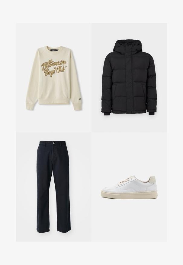 Juodas pūkinis švarkas su gobtuvu, pasižymintis siuvinėtu dizainu, elastingomis rankovėmis ir dviem priekinėmis kišenėmis. Lygus paviršius ir šilta izoliacija.; Kremas spalvos megztinis su ilgomis rankovėmis, su geltonu ir rudu languotu "Billionaire Boys Club" užrašu ant krūtinės.; Tamsiai mėlynos medvilninės kelnės su tiesiu kirpimu, turinčios priekinį knopkę ir dvi šonines kišenes. Lygi tekstūra, nematomi raštai.; Baltas sportinis batelis su glotnia odine viršutine dalimi, bežinėmis raištelėmis ir struktūrizuota bežine zomšinėmis kulno juostele. Pade jaučiamas aukštis.