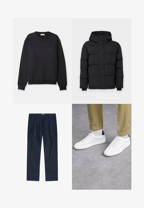 Giacca a vento nera con cappuccio, caratterizzata da un design trapuntato, polsini elasticizzati e due tasche frontali. Texture liscia e isolamento caldo.; Felpa blu navy realizzata in morbido cotone, con scollo rotondo, maniche lunghe e un piccolo logo "Tiger of Sweden" in blu a contrasto.; Pantaloni blu scuri, morbidi, realizzati in un tessuto testurizzato con chiusura a bottone e tasche laterali; design a gamba dritta con una finitura morbida.; Sneaker bianchi con finitura in pelle testurizzata, punta arrotondata e accentuazione nera sul tallone. Suola in gomma con piccolo motivo di battistrada e dettagli cuciti.