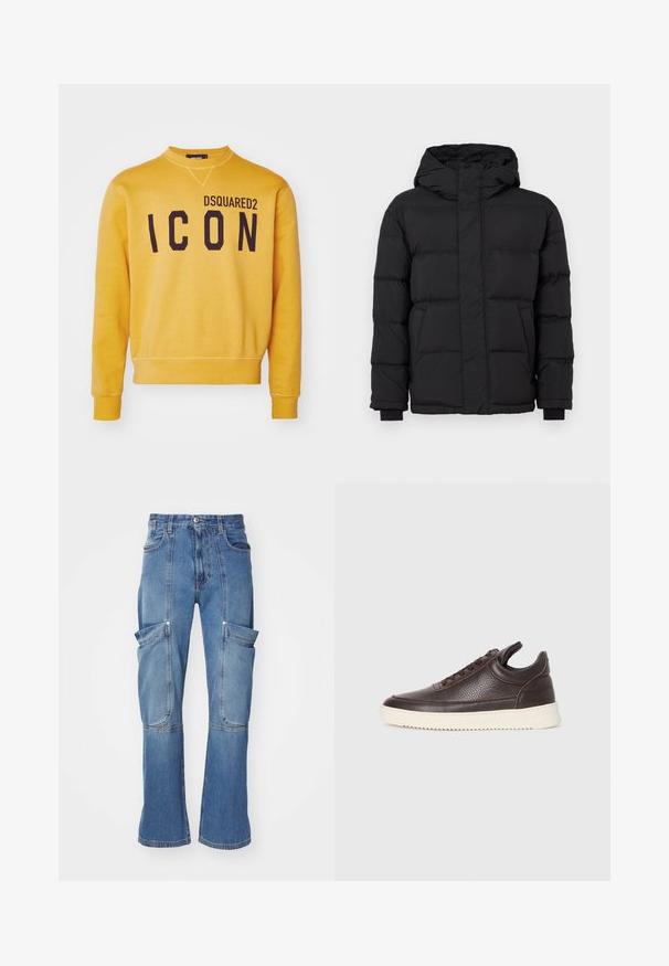 Musta puffatakki huppulla, jossa on tikattu muotoilu, joustavat hihansuut ja kaksi etutaskua. Sileä pinta ja lämmin eristys.; DSQUARED2 ICON COOL FIT CREWNECK - Collegepaita - sunflower; Vaaleansiniset farkku cargo-housut korkealla vyötäröllä, useilla sivutaskuilla ja levenevillä lahkeilla, joissa on kontrastivärinen ommel ja vetskari.; Tummanruskea teksturoitu nahkasneakeri, jossa on nauhakiinnitys ja valkoinen uritettu kumipohja, vaalealla taustalla.