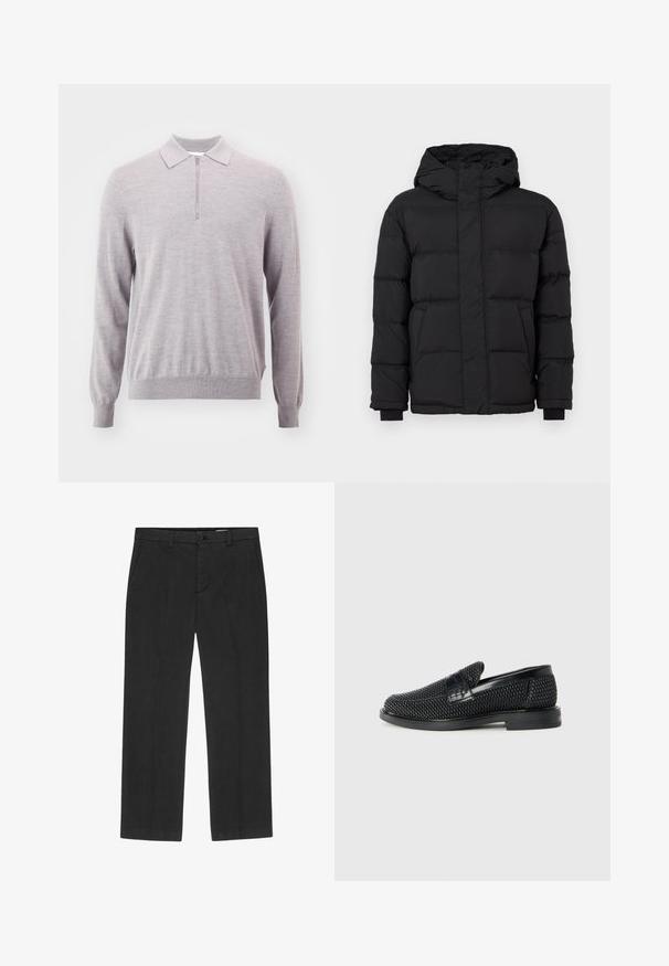 Zwarte pufferjas met capuchon, voorzien van een gewatteerd ontwerp, elastische manchetten en twee voorkruiken. Gladde textuur en warme isolatie.; Lichtgrijze gebreide pullover met een ritssluiting aan de hals, lange mouwen, en geribbelde boorden en zoom. Zachte textuur, ontspannen pasvorm en minimalistisch ontwerp.; Zwarte broek met een recht gesneden ontwerp, gemaakt van een lichtgewicht stof. Voorzien van voorzakken en een knoopsluiting. Gladde textuur.; Zwartegeweven instap schoenen met een glad leren accent aan de bovenkant, een ronde neusontwerp en een laag profiel rubberen zool.