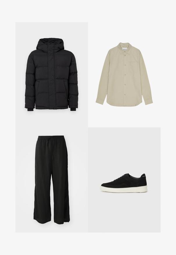 Czarna kurtka puchowa z kapturem, z pikowanym wzorem, elastycznymi mankietami i dwoma przednimi kieszeniami. Gładka struktura i ciepła izolacja.; Beżowa koszula z długim rękawem na guziki z wywiniętym kołnierzykiem, pojedynczą kieszenią na piersi i subtelną fakturą. Posiada kontrastowe guziki i staranne szycie.; Czarne spodnie o szerokich nogawkach wykonane z lekkiego materiału. Elastyczny pas z sznurkiem. Posiada boczne rozcięcia w pobliżu dołu, co ułatwia ruch.; Czarne zamszowe sneakersy z designem na sznurówki i kontrastującą białą gumową podeszwą. Posiadają teksturowane boczne panele oraz subtelne logo na pięcie.