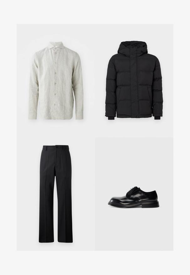 Giacca a vento nera con cappuccio, caratterizzata da un design trapuntato, polsini elasticizzati e due tasche frontali. Texture liscia e isolamento caldo.; Camicia in lino grigia chiara con bottoni frontali, colletto classico e maniche lunghe. Presenta una texture sottile e cinque bottoni marroni.; Pantaloni neri a gamba dritta con passanti per cintura, chiusura frontale con bottone e zip, esposti su uno sfondo bianco semplice.; Scarpa da uomo in pelle nera con punta arrotondata, finitura liscia, design con allacciatura e tacco impilato. Stile minimalista senza loghi visibili.