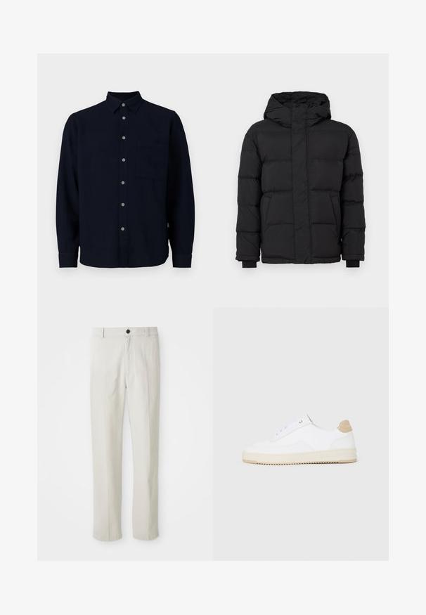 Chaqueta acolchada negra con capucha, que presenta un diseño acolchado, puños elásticos y dos bolsillos frontales. Textura suave y aislamiento cálido.; Camisa de manga larga marina hecha de una tela suave. Presenta un cierre frontal con botones, un collar puntiagudo y un bolsillo en el pecho. Los botones grises añaden contraste.; Pantalones rectos beige con presillas para cinturón, botón frontal y cierre de cremallera, exhibidos en plano sobre un fondo blanco.; Zapatillas bajas blancas con parte superior de cuero texturizado, suela de crema estriada y acento de talón en color tostado. Presentan cordones blancos y detalle del logotipo en el talón.