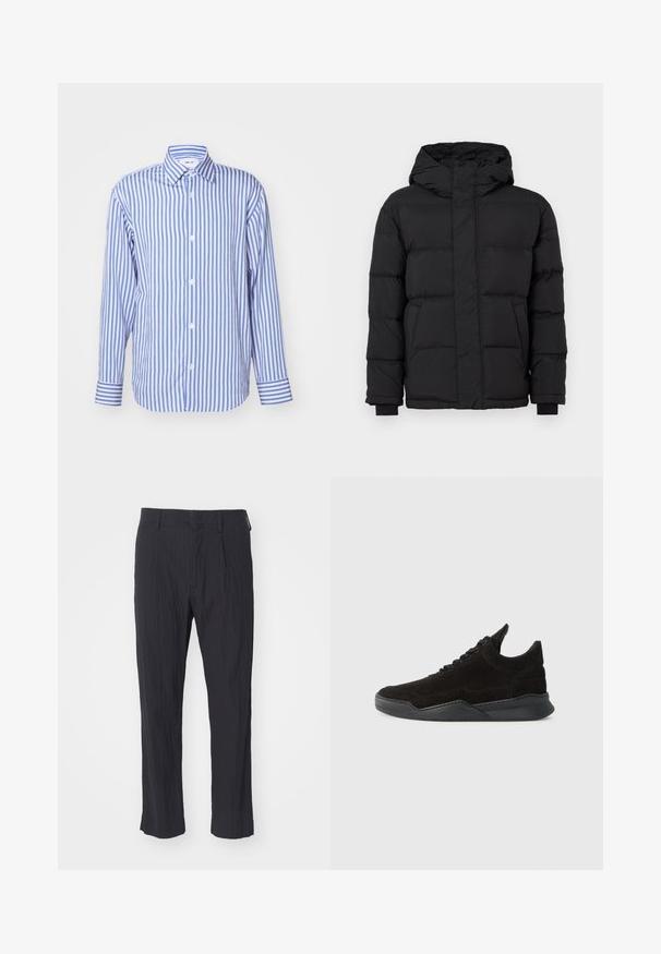 Melna pūkaina jaka ar kapuci, ar izšūtu dizainu, elastīgām piedurknēm un divām priekšējām kabatām. Gluda tekstūra un silta izolācija.; Zils un balts svītrainais krekls, ar apkakli, garām piedurknēm, ar poga priekšpusi, mīksts audums, ar pogām aizdara piedurknēm un vienmērīgi izvietotām vertikālām svītrām.; Melnas plisētās bikses ar teksturētu audumu, kas ir taisna kāju dizainā un ar standarta jostasvietu. Nav redzamu kabatu vai metāla elementu.; Melnas zamšādas sporta kurpes ar zemu profilu, teksturētu augšdaļu, plakaniem šņorēm un cietu gumijas zolīti ar nelielu papēdi un izliekumu dizainā.