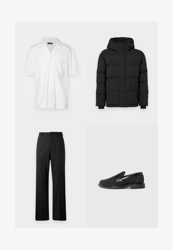 Zwarte pufferjas met capuchon, voorzien van een gewatteerd ontwerp, elastische manchetten en twee voorkruiken. Gladde textuur en warme isolatie.; Korte mouwen witte shirt in een katoenmix, met een puntkraag, een borstzak en een subtiele geborduurde accent aan de linkerkant.; Zwarte rechte broek met riemlussen, voorknop en rits, weergegeven op een effen witte achtergrond.; Zwartegeweven instap schoenen met een glad leren accent aan de bovenkant, een ronde neusontwerp en een laag profiel rubberen zool.