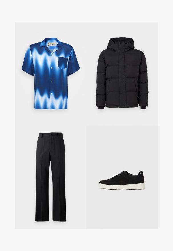 Juodas pūkinis švarkas su gobtuvu, pasižymintis siuvinėtu dizainu, elastingomis rankovėmis ir dviem priekinėmis kišenėmis. Lygus paviršius ir šilta izoliacija.; Trumpas rankovės mygtukinis marškinėliai gradientine mėlyna spalva su baltais bangomis. Turi krūtinės kišenę ir lygų, blizgantį audinį.; Juodos tiesios kojos kelnes su diržo kilpomis, priekyje mygtukas ir užtrauktukas, pateiktos prieš paprastą baltą foną.; Juodos veliūrinės sportinės bateliai su raištelių dizainu ir kontrastinga balta gumine padais. Yra tekstūruoti šoniniai skydeliai ir subtilus logotipas ant kulno.