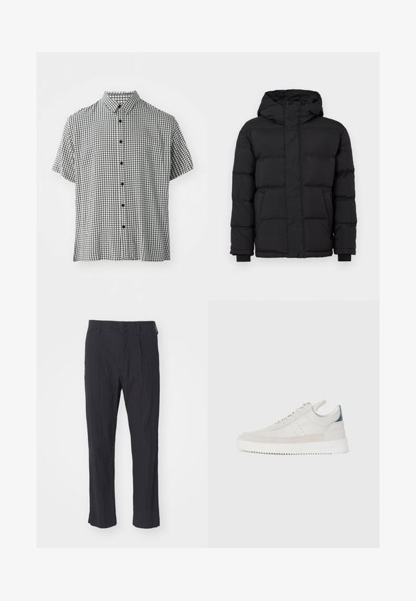 Fekete steppelt pufi dzseki kapucnival, elasztikus mandzsettákkal és két elülső zsebbel. Simább anyag és meleg szigetelés.; Rövid ujjú gombos ing fekete-fehér kockás mintával, klasszikus gallérral és fekete gombokkal az elején.; Fekete pliszírozott nadrág textúrált anyagból, egyenes lábbal és standard derékpánttal. Nincsenek látható zsebek vagy fémalkatrészek.; Fehér bőr sportcipők szürke bársonyos részletekkel, fűzős kivitelben, hátul húzófüllel és texturált gumi talppal, amelyen zikk-zakk minta található.