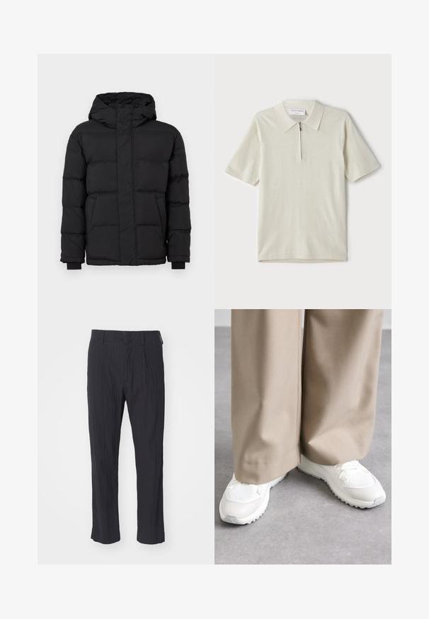Fekete steppelt pufi dzseki kapucnival, elasztikus mandzsettákkal és két elülső zsebbel. Simább anyag és meleg szigetelés.; Rövid ujjú, világosbézs pólóing, cipzáras gallérral. Simás anyagból készült, egyszerű, modern dizájnnal, minta nélkül.; Fekete pliszírozott nadrág textúrált anyagból, egyenes lábbal és standard derékpánttal. Nincsenek látható zsebek vagy fémalkatrészek.; Fehér sportcipők, amelyek hálós és sima részekkel rendelkeznek, texturált talppal, bézs bő szárú nadrággal viselve. Látható fűzők és díszítések.