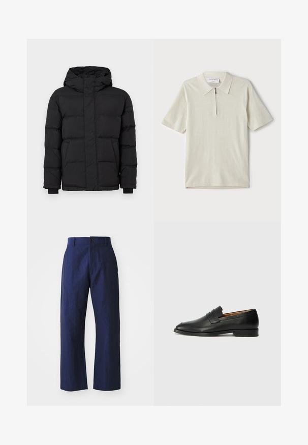 Black puffer jacket with a hood, featuring a quilted design, elastic cuffs, and two front pockets. Smooth texture and warm insulation.; Short-sleeve polo shirt in light beige with a zippered collar. Made of smooth fabric, features a simple, modern design without patterns.; Navy blue linen trousers with a loose fit, straight legs, front button closure, and subtle texture. Clean design, no embellishments.; Black leather loafer with a rounded toe, subtle stitched detailing, and a low heel, featuring a smooth texture and minimalist design.