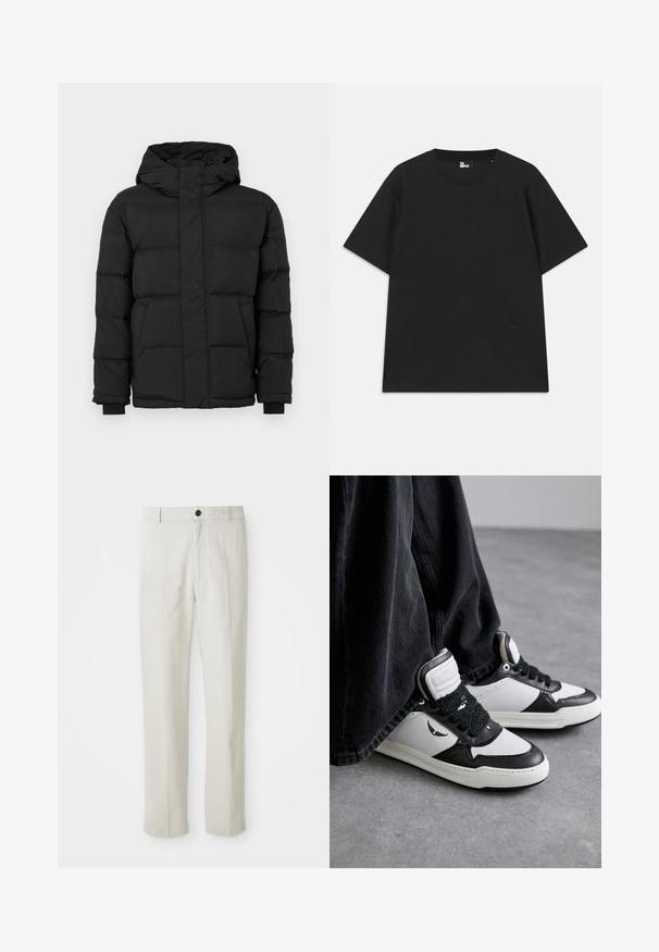 Μαύρο μπουφάν με κουκούλα, με κορυφαίο σχέδιο επένδυσης, ελαστικούς καρπούς και δύο πρόσθιες τσέπες. Απαλή υφή και ζεστή μόνωση.; Μαύρο κοντομάνικο μπλουζάκι από βαμβάκι, με στρογγυλή λαιμόκοψη και μια μικρή λεπτομέρεια λογότυπου κοντά στο στρίφωμα. Λείος υφασμάτινος χαρακτήρας, κανονική εφαρμογή.; Μπέζ παντελόνι ίσιας γραμμής με θηλιές ζώνης, πρόσθιο κουμπί και κλείσιμο με φερμουάρ, εκτεθειμένο επίπεδα πάνω σε λευκό φόντο.; Μαύρα και άσπρα ψηλά αθλητικά παπούτσια με υφή και μαύρη δαντέλα, από δέρμα και συνθετικό υλικό, με λογότυπο στο πλάι.