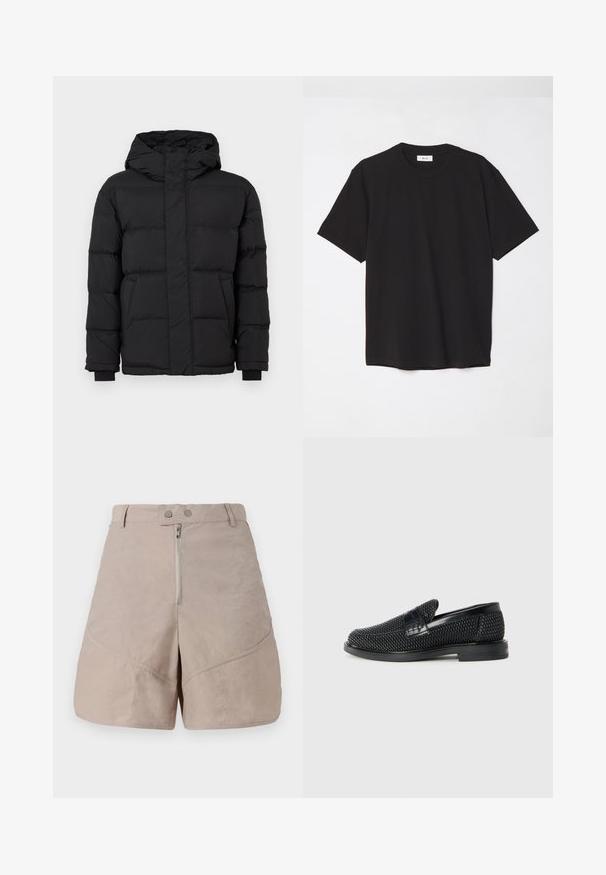 Black puffer jacket with a hood, featuring a quilted design, elastic cuffs, and two front pockets. Smooth texture and warm insulation.; Black cotton t-shirt with a crew neck, short sleeves, and a relaxed fit. Simple design, smooth texture, and no visible patterns or logos.; Beige shorts with a smooth, textured fabric. Features a front zip closure, two button fastenings, and diagonal seam detailing.; Black woven slip-on shoe with a smooth leather accent on the upper, a round toe design, and a low-profile rubber sole.