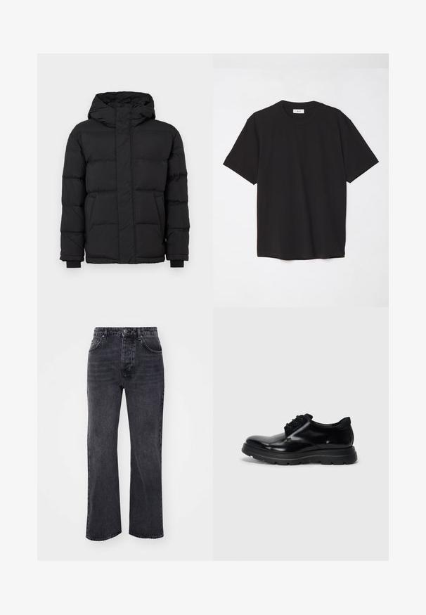 Black puffer jacket with a hood, featuring a quilted design, elastic cuffs, and two front pockets. Smooth texture and warm insulation.; Black cotton t-shirt with a crew neck, short sleeves, and a relaxed fit. Simple design, smooth texture, and no visible patterns or logos.; Black denim jeans with a straight leg design, featuring five pockets, a zip fly, and a button closure. The fabric has a smooth texture.; Black leather lace-up shoe with smooth finish, durable rubber sole, and rounded toe. Features eyelets for laces and subtle branding.