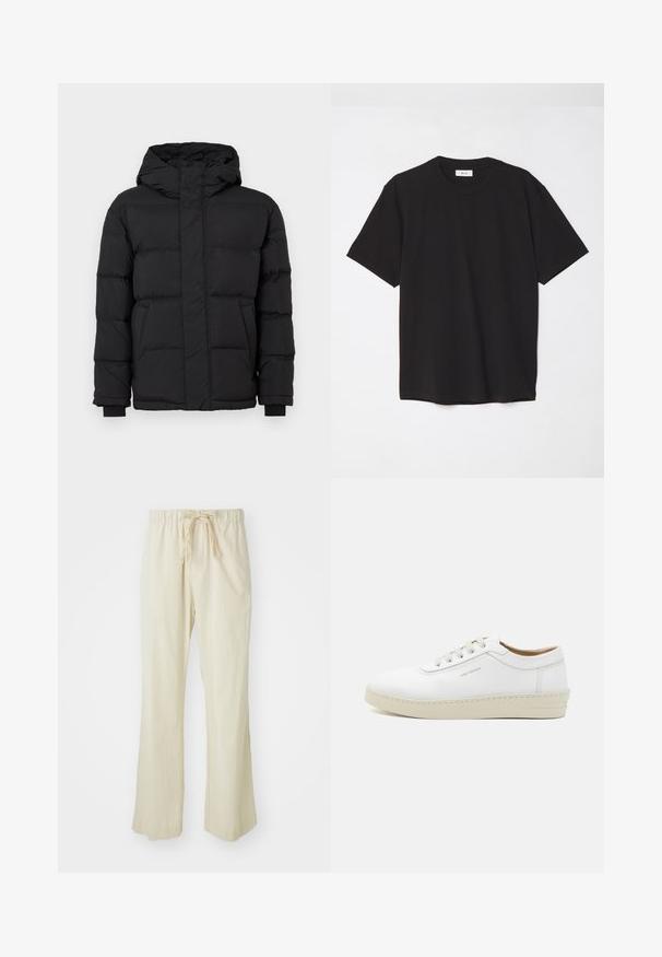 Čierna prešívaná puffer bunda s kapucňou, vybavená elastickými manžetami a dvoma prednými vreckami. Hladká textúra a teplá izolácia.; Čierne bavlnené tričko s okrúhlym výstrihom, krátkymi rukávmi a voľným strihom. Jednoduchý dizajn, hladká textúra a žiadne viditeľné vzory ani logá.; Bežové, voľné nohavice z ľahkej tkaniny. Majú elastický pás s šnúrkou a rozšírený strih nohavíc.; Biele kožené tenisky s textúrovaným povrchom, okrúly špička, béžová gumová podrážka a šesť sivých vystužených očiek na šnúrky, so subtílnym brandingom na boku.