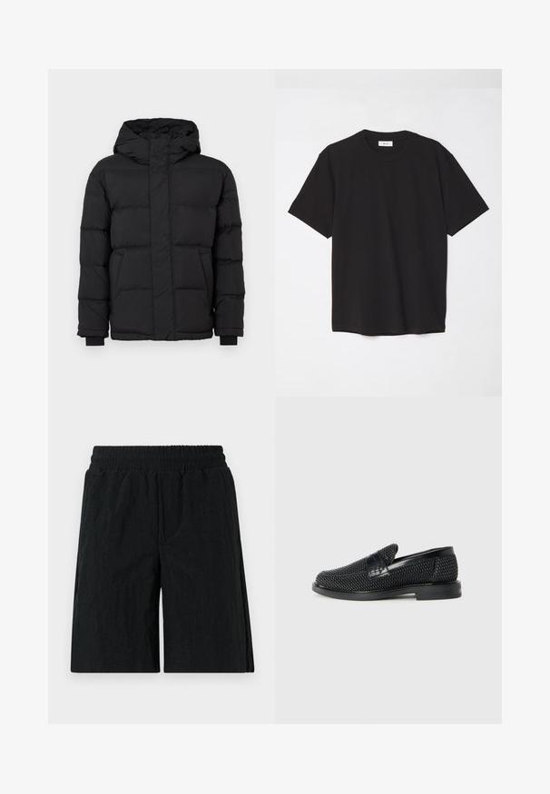 Fekete steppelt pufi dzseki kapucnival, elasztikus mandzsettákkal és két elülső zsebbel. Simább anyag és meleg szigetelés.; Fekete pamut póló kerek nyakkal, rövid ujjakkal és laza szabással. Egyszerű dizájn, sima textúra, látható minták vagy logók nélkül.; Fekete nadrág, rugalmas derekú, texturált anyagból készült, térd hosszúságú fazon, oldalsó zsebekkel.; Fekete szőtt slip-on cipő sima bőr díszítéssel a felsőrészen, kerek orral és alacsony profilos gumitalppal.