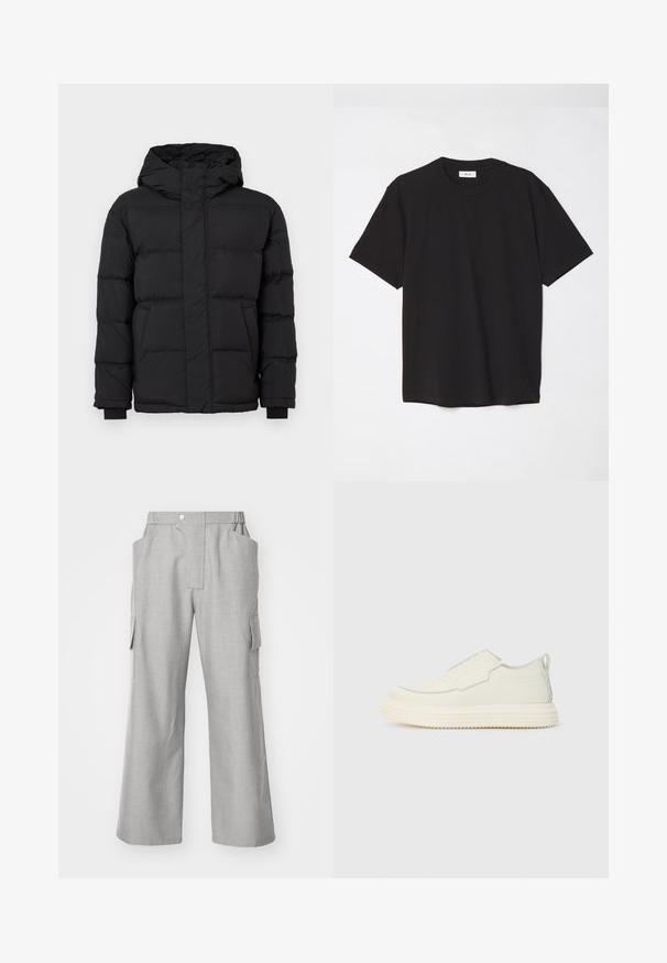 Melna pūkaina jaka ar kapuci, ar izšūtu dizainu, elastīgām piedurknēm un divām priekšējām kabatām. Gluda tekstūra un silta izolācija.; Melna kokvilnas T-krekls ar apaļu kakla izgriezumu, īsām piedurknēm un brīvu piegulšanu. Vienkāršs dizains, gluda tekstūra un bez redzamām rakstiem vai logotipiem.; Pelēki plaša kāju kravas bikses, izgatavotas no strukturēta auduma, ar priekšējo pogu aizdari, divām sānu kabatām un divām sānu kravas kabatām.; Slīdēšanas stila sporta apavi krēmkrāsā ar fakturētu materiālu un biezu, ribotu zolīti. Tai ir minimālas šuves un smalks gaiši zils akcentu veids.