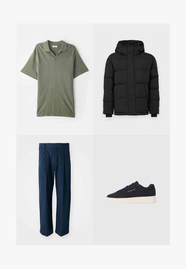 Jachetă puffer neagră cu glugă, având un design matlasat, manșete elastice și două buzunare frontale. Textură netedă și izolație caldă.; Cămașă polo verdeoliv cu mânecă scurtă, cu guler și un material texturat. Prezintă o deschidere în formă de V și o croială lejeră.; Pantaloni bleumarin din bumbac, cu un croi lejer, pliuri în față și un brâu plat cu passerelle pentru curea.; Adidași cu talpă joasă din suede bleumarin, cu talpă albă, șireturi bleumarin și logo-ul 'Filling Pieces' în aur pe lateral.
