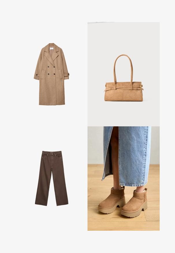 Dlhý béžový vlnenný kabát s dvojradovým zapínaním, veľkými klopami, dvoma prednými vreckami a manžetami na gombíky. Hladká textúra a neutrálny odtieň.; Hnedý sveter s uvoľneným strihom, s rebrovaným výstrihom a dlhými rukávmi. Hladká textúra s okrúhlym lemom a bez viditeľných vzorov alebo akcentov.; Džínsy s širokými nohavicami v hnedej farbe, vyrobené z denimu, so zvýšeným pásom, prednými vreckami a klasickým zapínaním na gombík. Hladká textúra s jemným prešívaním.; Hnedé semišové kotníkové topánky s hrubou béžovou platformou. Majú zaoblenú špičku, krátky lem a mäkké podšívky pre pohodlie.; Svetlohnedá semišová kabelka s dvoma dlhými rúčkami, obdĺžnikovým tvarom a dekoratívnym prešívaním. Obsahuje bočný popruh a jemné zlaté kovové doplnky.