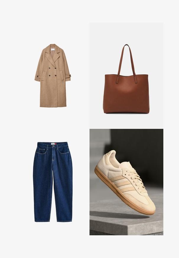 Dugi bež vuneni kaput s dvostrukim kopčanjem, velikim reverima, dva prednja džepa i manžetama s gumbima. Glatka tekstura i neutralna nijansa.; Bijela majica kratkih rukava od pamuka. Ima okrugli izrez i opušteni kroj. Glatka tekstura bez vidljivih uzoraka ili naglasaka.; Tamno plavi traperice s ravnim nogavicama, pet džepova i vidljivim detaljima šivanja. Zaključavanje na dugme u struku.; Svijetlosmeđi nubuk tenisice s gumenim potplatom, tri dijagonalne pruge i teksturirani vrh. Sadrži logo na jeziku i bočnoj strani.; Smeđa kožna torba preko ramena s glatkom teksturom, otvorenim vrhom i dvjema naramenicama. Ima minimalne šavove i nema vidljivog hardvera.