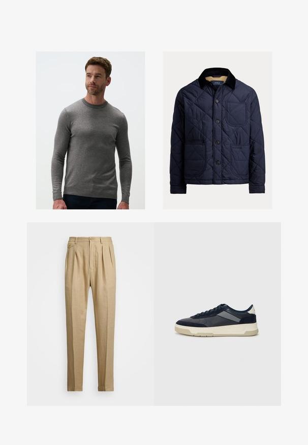 Marineblaue Steppjacke mit einem Cordkragen, Fronttasche und Knopfverschluss. Sie verfügt über eine glatte Textur und einfarbiges Design.; Grauer Strickpullover mit langen Ärmeln, Rundhalsausschnitt und gerippten Bündchen. Der Stoff hat eine glatte Textur, eine körpernahe Passform und ein dezentes Muster.; Beige Leinenhose mit geradem Schnitt, ausgestattet mit zwei vorderen Falten, einem Knopfverschluss und seitlichen Taschen. Strukturierter Stoff mit glatter Oberfläche.; BOSS BALTIMORE - Sneaker low - open blue