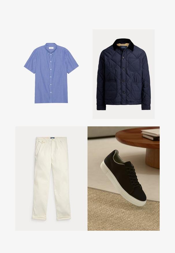 Granatowa pikowana kurtka z kołnierzem z materiału corduroy, przednią kieszenią i zapięciem na guziki. Charakteryzuje się gładką fakturą i jednolitym kolorystycznym wzorem.; Koszula z krótkim rękawem zapinana na guziki w niebiesko-białe pionowe paski. Posiada kołnierzyk w szpic oraz kieszeń na piersi. Wykonana z lekkiego materiału.; Kremowe sztruksowe spodnie z zakładkami, bocznymi kieszeniami, kieszenią z patką na guzik i podwiniętymi mankietami, rozłożone na płasko na białym tle.; Czarny sneaker z białą podeszwą unoszący się nad beżowym, teksturowanym dywanem w pobliżu okrągłego drewnianego stołu z poukładanymi książkami.