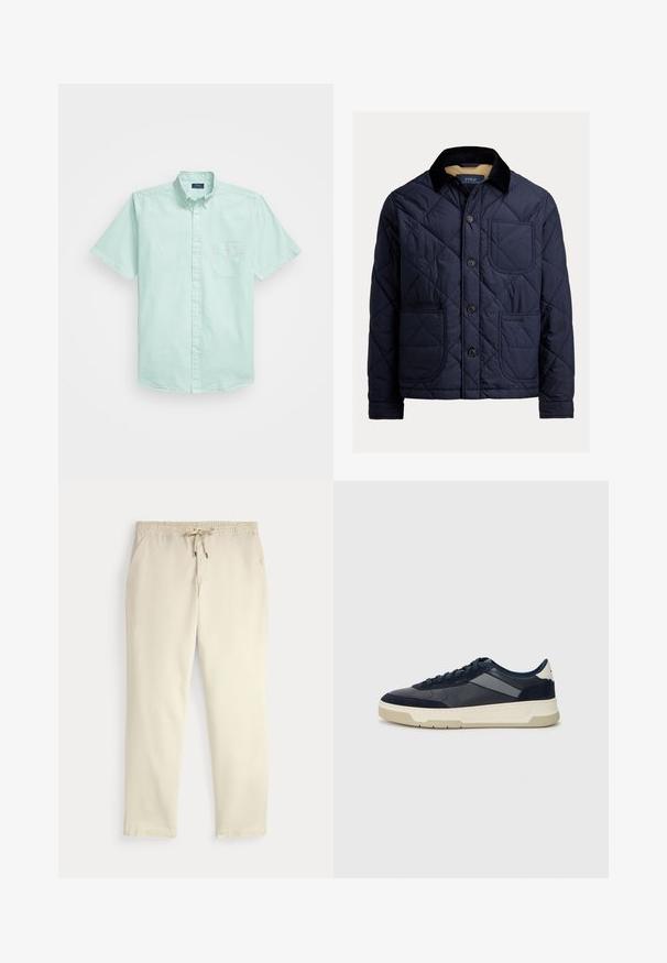 Ναυτικό καπιτονέ μπουφάν με γιακα από καραβόπανο, μπροστινή τσέπη και κλείσιμο με κουμπιά. Έχει λεία υφή και μονοχρωμία.; Φωτεινό πράσινο κοντομάνικο πουκάμισο με κουμπιά, με καρό σχέδιο, ελαφριά υφή και τσέπη στο στήθος που φέρει ένα μικρό λογότυπο.; Εκρού ελαστικά παντελόνια με κορδόνι στη μέση, ίσια πόδια και πλάγιες τσέπες σε απλό φόντο.; BOSS BALTIMORE - Αθλητικά παπούτσια - open blue