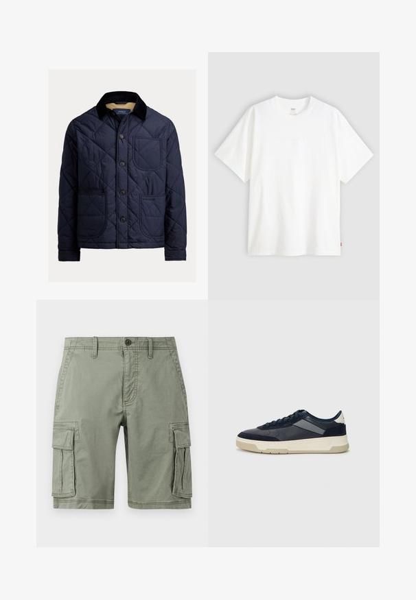 Marineblauwe gewatteerde jas met een corduroy kraag, voorzak en knoopsluiting. Heeft een gladde textuur en een effen kleurontwerp.; Witte pique t-shirt met korte mouwen van katoen en een ronde hals. Heeft een subtiele reliëf logo-detail aan de voorkant en een rood label aan de zoom.; Groene cargoshorts van een katoenmix, met twee zijzakken, knoopsluiting en een rechte snit.; BOSS BALTIMORE - Sneakers laag - open blue