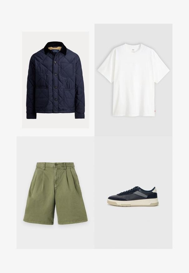 Marineblaue Steppjacke mit einem Cordkragen, Fronttasche und Knopfverschluss. Sie verfügt über eine glatte Textur und einfarbiges Design.; Weißes T-Shirt mit kurzen Ärmeln aus Baumwolle und rundem Halsausschnitt. Besitzt ein dezentes, geprägtes Logo-Detail auf der Vorderseite und ein rotes Etikett am Saum.; Khaki-Shorts mit Vorderfalten, aus einem Baumwollmischgewebe gefertigt. Mit Gürtelschlaufen und Knopfverschluss, gerader Beinschnitt und sauberem Saum.; BOSS BALTIMORE - Sneaker low - open blue