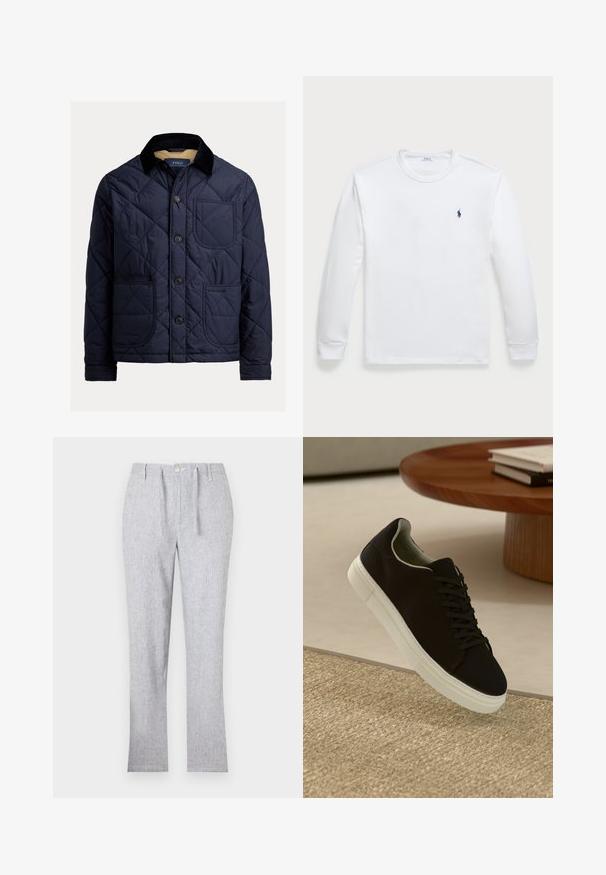 Mornarska podložena jakna s trsasto ovratnikom, sprednjim žepom in gumbom za zapiranje. Ima gladko teksturo in enobarven dizajn.; Bela dolgouga majica iz bombaža z okroglim izrezom in majhnim mornarskoplavim logotipom na levem prsnem delu. Gladka tekstura, preprost dizajn.; Svetlo sivi hlače izdelane iz teksturirane tkanine, z zapiranjem na gumb, letvicami za pas in ravnim krojem. Brez vidnih vzorcev.; Črni športni copat z belim podplatom lebdi nad bež teksturiranim preprogam blizu okroglega lesenega mize z zloženimi knjigami.
