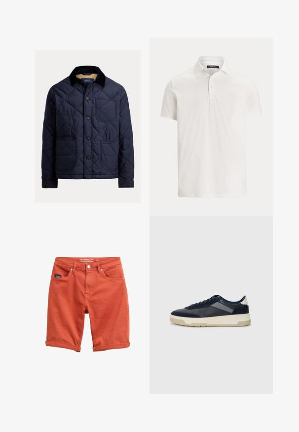 Marineblauwe gewatteerde jas met een corduroy kraag, voorzak en knoopsluiting. Heeft een gladde textuur en een effen kleurontwerp.; Witte korte mouw polo voor heren met een kraag, twee knopen en een subtiel logolabel aan de binnenkant van de kraag.; Oranje denim shorts met een relaxte pasvorm, voorzakken en omgeslagen zoom. Voorzien van een knoopsluiting en een merkal op de tailleband.; BOSS BALTIMORE - Sneakers laag - open blue