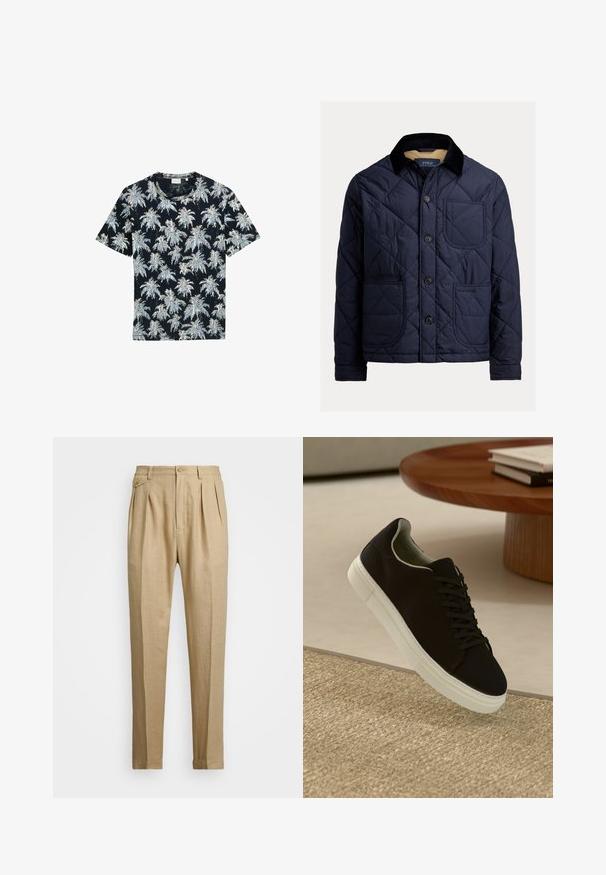 Mornarski podstavljeni kaput s rebrastim ovratnikom, prednjim džepom i kopčanjem na dugmad. Ima glatku teksturu i jedinstveni dizajn boje.; Ljubičasta majica kratkih rukava s bijelim i svijetloplavim uzorkom palmi. Napravljena od mekog materijala, s okruglim izrezom i opuštenim krojem.; Bež lanene hlače ravnog kroja, s dva prednja nabora, zatvaranjem na gumb i bočnim džepovima. Tekstuirana tkanina s glatkom površinom.; Crna tenisica s bijelim potplatom koja lebdi iznad bež teksturiranog tepiha pored okruglog drvenog stola sa složenim knjigama.