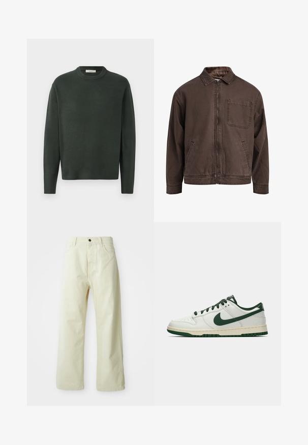 Rudas zip-up švarkas pagamintas iš patvarios medžiagos; turi apykaklę, ilgomis rankovėmis, priekinėmis kišenėmis ir viena krūtinės kišene.; Tamsiai žalia megzta megztinis su apvalia iškirpte, ilgomis rankovėmis ir švelnia tekstūra, pasižymintis paprastu, be siūlių dizainu.; Šviesiai geltoni, platūs džinsiniai kelnes su priekiniais mygtukais, penkiais kišenėmis ir tiesia, nepuošta dizainu.; Balti žemi sportbačiai su tamsiai žaliu Nike swoosh, raišteliais ir padu, rodomi šoniniame profilyje ant baltos fono.
