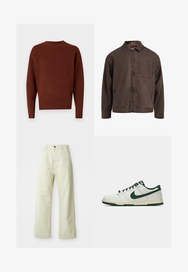 Braune, mit Reißverschluss verschlossene Jacke aus strapazierfähigem Material; sie verfügt über einen Kragen, lange Ärmel, frontale Taschen und eine einzelne Brusttasche.; Brauner Strickpullover mit Rundhalsausschnitt, gerippten Bündchen und Saum. Sanfte Textur und lockere Passform, mit eingesetzten Ärmeln und ohne Muster.; Hellgelbe, weit geschnittene Jeanshose aus Denim mit einem vorderen Knopfverschluss, fünf Taschen und geradlinigem, unaufgeregtem Design.; Weiße Low-Top-Sneaker mit dunkelgrüner Nike-Swoosh, Schnürsenkeln und Akzenten an der Sohle, im Profil auf einem schlichten weißen Hintergrund abgebildet.