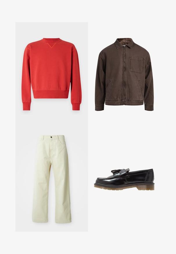 Giacca marrone con zip realizzata in tessuto resistente; presenta un colletto, maniche lunghe, tasche frontali e una tasca sul petto.; Felpa rossa con scollo tondo e maniche lunghe. Texture liscia, polsi e orlo a coste, con un sottile dettaglio a V sul colletto.; Pantaloni a gamba larga giallo chiaro, realizzati in denim, con chiusura anteriore a bottone, cinque tasche e design dritto e semplice.; Mocassini in vernice nera con un design intrecciato, dettaglio a nappina e una suola in gomma spessa e testurizzata. La vista laterale mette in evidenza la silhouette elegante.