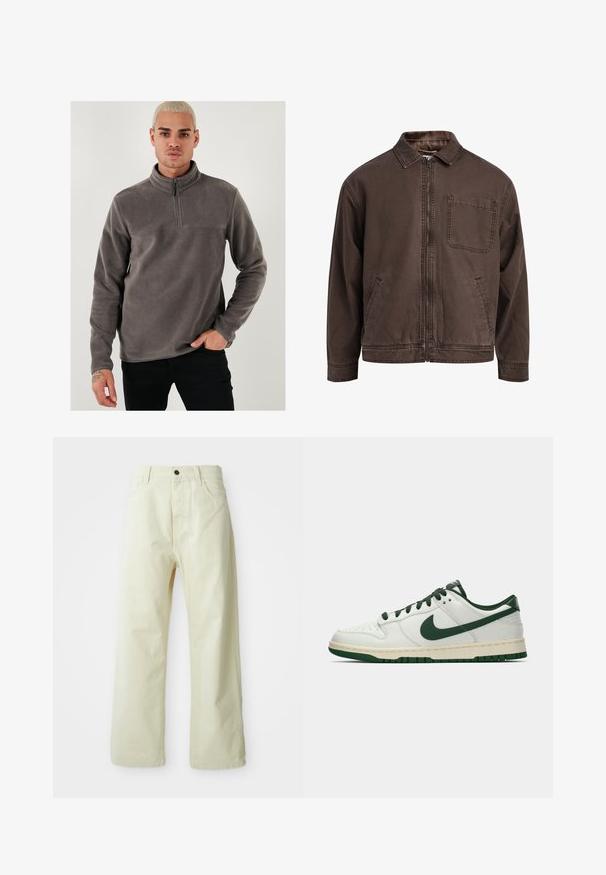 Hnedá bundu na zips vyrobená z odolnej látky; má golier, dlhé rukávy, predné vrecká a jedno vrecko na hrudi.; Šedý polarový pulóver s golierom na štvrtinový zips, dlhými rukávmi a hladkou textúrou. Ozdobený jednoduchým švom cez hrudník.; Svetlo žlté, široké džínsy s predným zapínaním na gombík, piatimi vreckami a rovný, nezdobený dizajn.; Biele nízke tenisky s tmavozeleným Nike swooshom, šnúrkami a akcentmi na podrážke, zobrazené v profile na jednoduchom bielom pozadí.