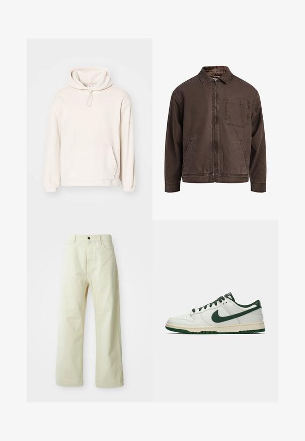 Brun, lynlåsjakke lavet af slidstærkt stof; har en krave, lange ærmer, forlommer og en enkelt brystlomme.; Lyse beige hoodie lavet af blødt fleece-materiale. Har en hætte med snøre, en frontlomme, ribbede håndledder og minimal logo-detalje.; Lys gule, brede benbukser lavet af denim, med foran lukning med knap, fem lommer og lige, ubearbejdet design.; Hvide lavtop sneakers med mørkegrøn Nike swoosh, snørebånd og sål accenter, vist i profil på en ensfarvet hvid baggrund.