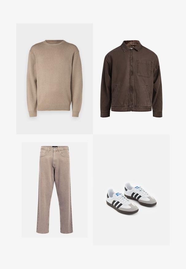 Brun, zip-up jacka gjord av slitstarkt material; har krage, lång ärm, framfickor och en bröstficka.; Beige stickad tröja med rund hals, långa ärmar och ribbade muddar och nederkant; mjuk textur med ett enhetligt mönster.; Beige raka jeans i denim, med en klassisk femficksdesign, sömnadsdetaljer och en ren fåll.; Sportskor med överdel i vit läder, grå mocka på tårna och tre svarta ränder. Har en blå logotyp på tungan och en texturerad gummisula.