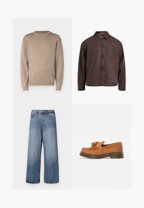 Brown, zip-up jacket made of durable fabric; features a collar, long sleeves, front pockets, and a single chest pocket.; Beige knitted sweater with a round neck, long sleeves, and ribbed cuffs and hem; smooth texture with a uniform pattern.; Wide-leg blue denim jeans with a faded wash, five-pocket design, and a button closure. Equipped with belt loops and stitched detailing.; Brown suede loafers with a tasseled bow accent, featuring a rounded toe and a thick, ridged sole with orange stitching detail.