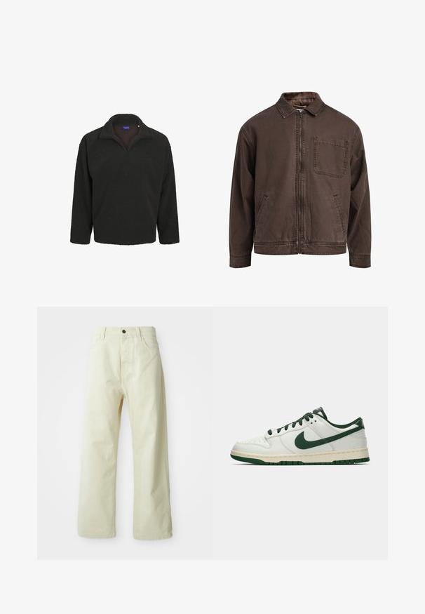 Giacca marrone con zip realizzata in tessuto resistente; presenta un colletto, maniche lunghe, tasche frontali e una tasca sul petto.; Pullover in pile scuro con collare a mezza zip, maniche lunghe e una superficie morbida e strutturata. Nessun motivo o accento visibile.; Pantaloni a gamba larga giallo chiaro, realizzati in denim, con chiusura anteriore a bottone, cinque tasche e design dritto e semplice.; Sneaker bianco a bassa cima con swoosh Nike verde scuro, lacci e dettagli della suola, mostrato di profilo su uno sfondo bianco uniforme.