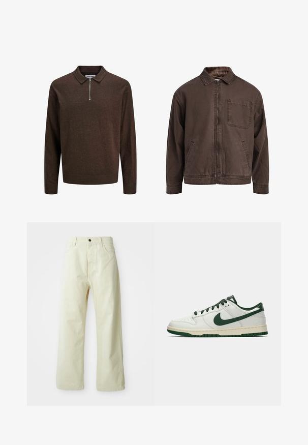 Rudas zip-up švarkas pagamintas iš patvarios medžiagos; turi apykaklę, ilgomis rankovėmis, priekinėmis kišenėmis ir viena krūtinės kišene.; Tamsiai rudas ilgomis rankovėmis megztas puloveris su apykakle ir priekiniais pusiau užtrauktukais, su guma rankogaliuose ir apačioje, pažymėtas JACK & JONES.; Šviesiai geltoni, platūs džinsiniai kelnes su priekiniais mygtukais, penkiais kišenėmis ir tiesia, nepuošta dizainu.; Balti žemi sportbačiai su tamsiai žaliu Nike swoosh, raišteliais ir padu, rodomi šoniniame profilyje ant baltos fono.