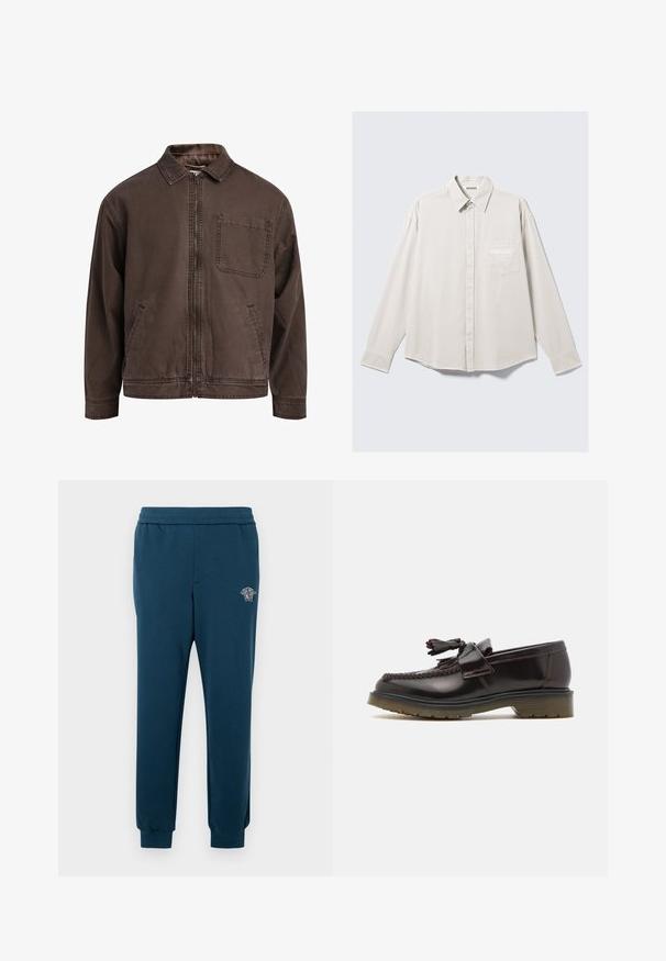 Brun, zip-up jacka gjord av slitstarkt material; har krage, lång ärm, framfickor och en bröstficka.; Långärmad beige skjorta med knappar, krage och bröstficka som har subtil broderi av "ATHLETIX DEPT".; Mörk teal joggingbyxor med elastisk midja, ribbade muddar och en silveremblemdetalj på vänster lår. Mjukt bomullsblandat tyg.; Bruna läderloafers med vävd design, tofsdetalj och en platt gummisula. Har en slät yta och kontrasterande sömmar.