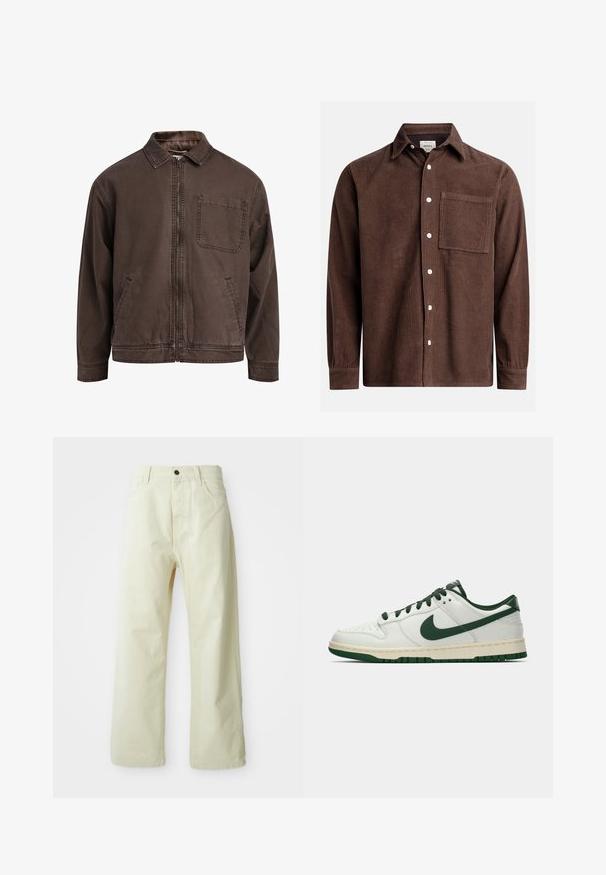 Brun, lynlåsjakke lavet af slidstærkt stof; har en krave, lange ærmer, forlommer og en enkelt brystlomme.; Brun kordfløjlsskjorte med button-down krave, forlommer, hvide knapper og lange ærmer med knappede manchetter. Teksturdetalje.; Lys gule, brede benbukser lavet af denim, med foran lukning med knap, fem lommer og lige, ubearbejdet design.; Hvide lavtop sneakers med mørkegrøn Nike swoosh, snørebånd og sål accenter, vist i profil på en ensfarvet hvid baggrund.