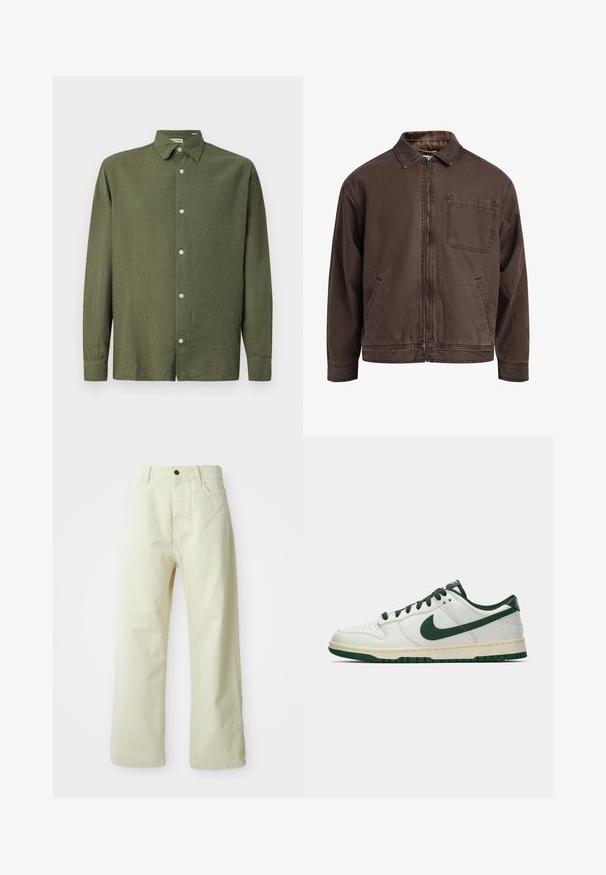 Rudas zip-up švarkas pagamintas iš patvarios medžiagos; turi apykaklę, ilgomis rankovėmis, priekinėmis kišenėmis ir viena krūtinės kišene.; Alkto žalia ilgomis rankovėmis marškiniai pagaminti iš tekstūrinio audinio. Turi sagų užsegimą priekyje ir klasikį apykaklę, su penkiomis sagomis ant nėrinių.; Šviesiai geltoni, platūs džinsiniai kelnes su priekiniais mygtukais, penkiais kišenėmis ir tiesia, nepuošta dizainu.; Balti žemi sportbačiai su tamsiai žaliu Nike swoosh, raišteliais ir padu, rodomi šoniniame profilyje ant baltos fono.